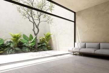 Minimal style loft room with small garden background 3d render, There are concrete floor, decorated with modern sofa