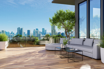 Modern contemporary outdoor living area with city view background 3d render