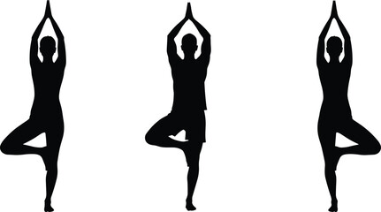 Silhouette of three people in tree yoga pose, balanced standing posture, black and white vector illustration for wellness and fitness concept.