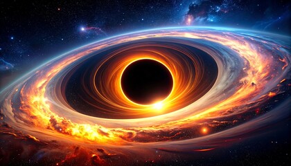 Fiery accretion disk swirling around a dark black hole in deep space.