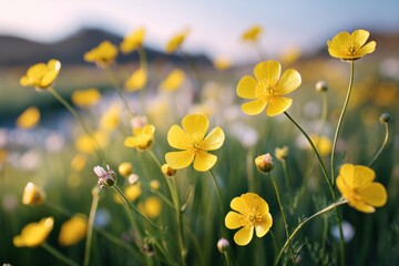 Yellow buttercup flowers blooming in meadow during spring