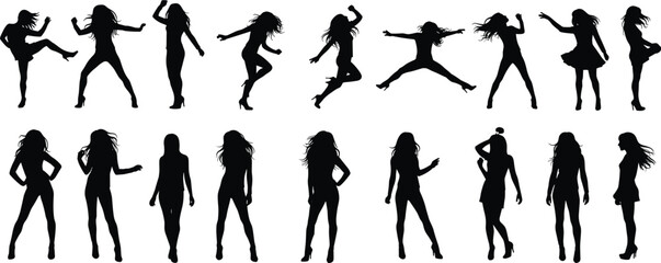 Silhouette of young women dancing, posing and standing in stylish outfits, vector fashion illustration, modern female movement design for stock use