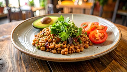 Delicious Healthy Meal Plate with Avocado, Tomatoes, and Greens.