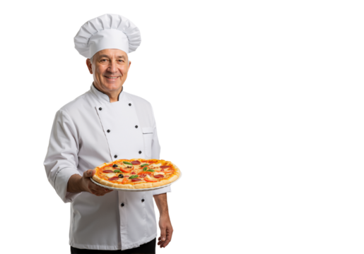 Smiling Chef Holding a Delicious Pizza, Perfect for Food and Culinary Concepts