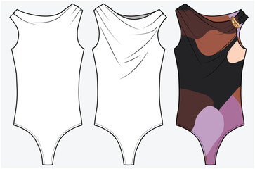 FASHION SLEEVELESS TOPS, LEOTARD , BODY SUIT  EMBELLISHED WITH HARDWARE METAL, FRONT AND BACK SPEC WITH COLORFUL ABSTRACT PATTERN  DESIGNED FOR WOMEN AND YOUNG WOMEN IN VECTOR FILE