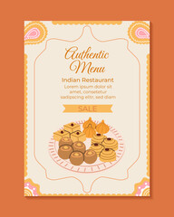 Design template with delicious sweet and snack on Holiday festival of India. Traditional Indian Sweets Illustration for stickers, banners, cards		