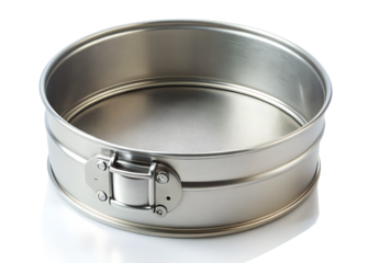 Silver round springform baking pan with removable bottom isolated on transparent background