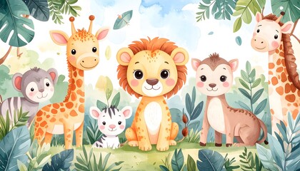 Watercolor Illustration of Cute Jungle Animals - Lion, Giraffe, Zebra, Monkey.