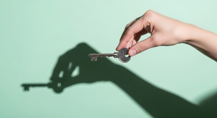 Caucasian female hand holding key with shadow on green background