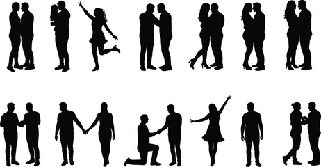 Silhouette vector illustration of couples in romantic, joyful, emotional, proposal and friendship poses, ideal for love and relationship concepts.