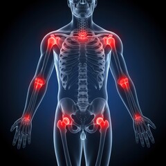 3D Human Skeleton with Highlighted Joint Pain Areas &ndash; Concept of Arthritis, Joint Inflammation, or Musculoskeletal Disorders Affecting the Shoulder, Elbow, Hip, and Knee