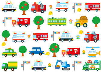 乗り物, 車, 電車, パトカー, パターン, バス, 警察, 郵便, 新幹線, 消防車, 郵便車, トラック, ショベルカー, ヘリコプター, ダンプカー, 旅行, 駅, 交通, 働く車, 鉄道, 運転, 可愛い, かわいい, おもちゃ, セット, 列車, 移動, 旅, 観光, レジャー, お出かけ, トラベル, 出発, キャリアカー, 観光バス, 消火, 木, ヒヨコ, 信号, ポスト, 花, © 満載