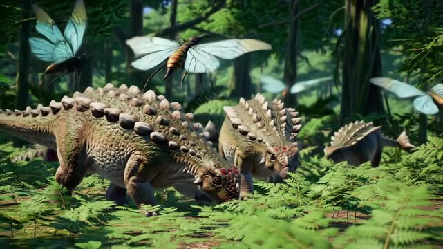 Majestic forest dinosaurs grazing with giant butterflies in vibrant jungle setting