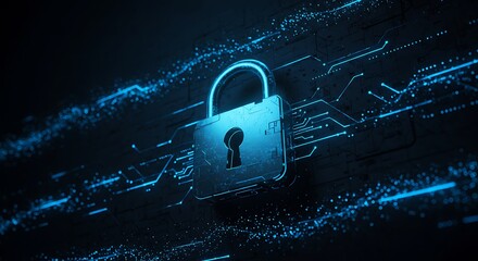 Cybersecurity concept with a digital padlock and flowing data streams, dark theme with blue neon accents, technology-focused composition"