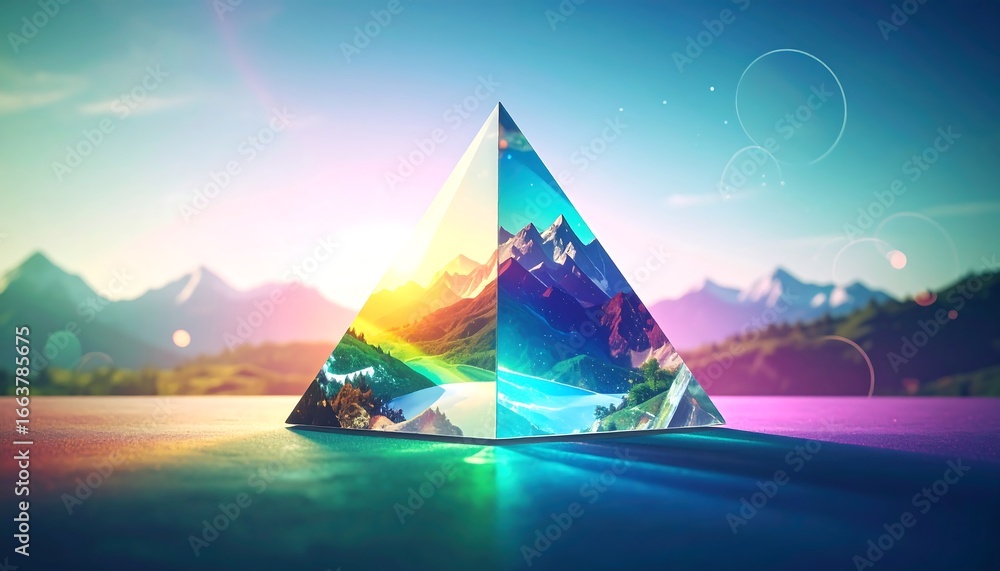 Poster a vibrant, colorful prism-shaped object displaying a landscape of mountains and valleys within its t