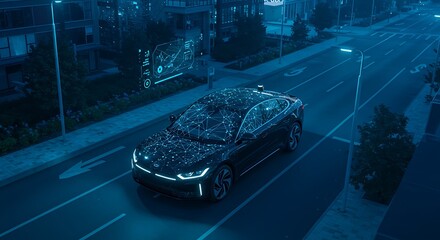 Self-driving electric car with glowing AI interface dashboard, driving through a smart city at night, clean and modern look