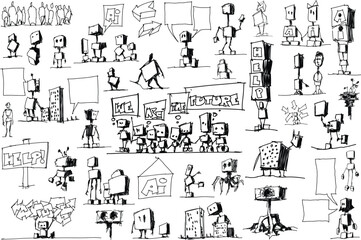 hand drawn architectural sketches of artificial intelligence topics and robots and  arrows and business graphs