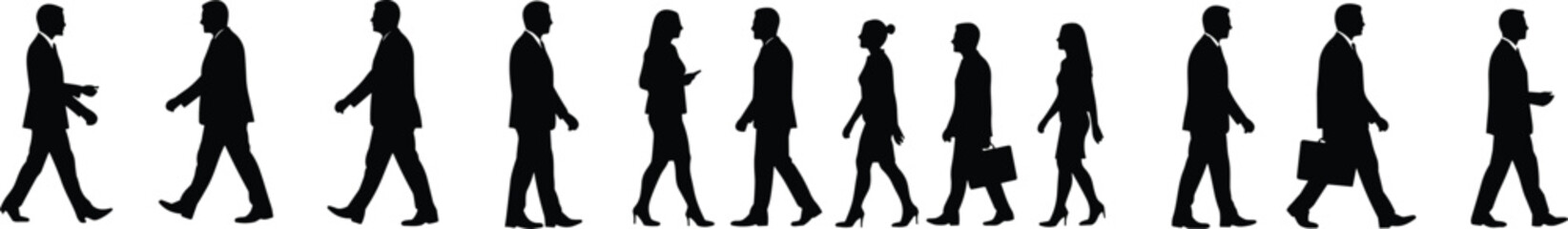 Silhouettes of business people walking, side view, male and female professionals in motion, vector illustration for corporate, teamwork, and communication