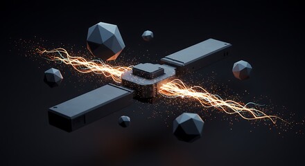 Abstract representation of artificial intelligence with floating geometric shapes and glowing data streams, minimalistic and conceptual style