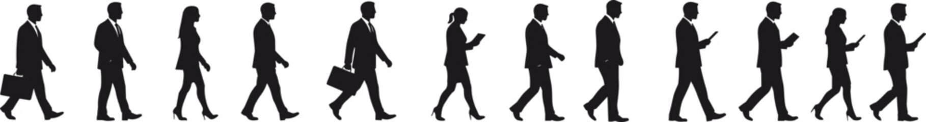 Silhouettes of business people walking in line, holding briefcases and smartphones, corporate lifestyle concept, isolated on white background, vector