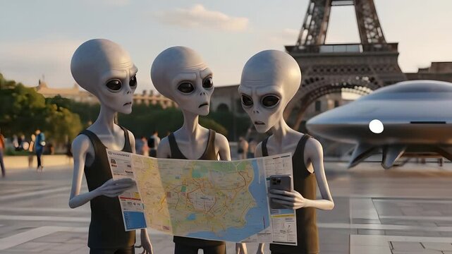 Aliens sightseeing in Paris. Three alien tourists consult map near Eiffel Tower, UFO parked nearby. Use for travel humor, sci-fi, tourism. ET, space, exploration concept.