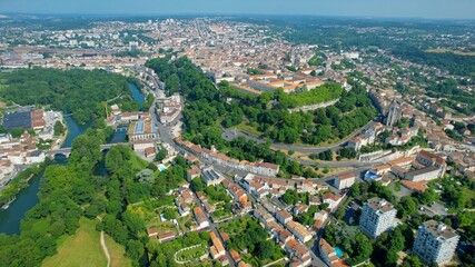 Aerial panorama view around the old town and around the city Angoulême in France, on a sunny summer noon