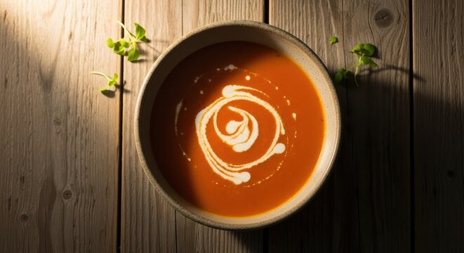 Creamy tomato soup in ceramic bowl with microgreens on wooden table