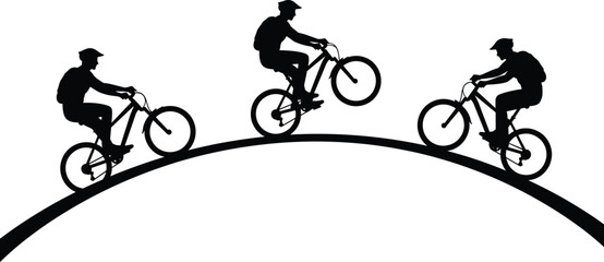 Obraz premium Silhouettes of cyclists riding on a curved hill, dynamic motion, perfect for sports, adventure, and outdoor activity designs.