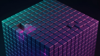 Abstract cube with pixelated texture and vibrant color gradient design