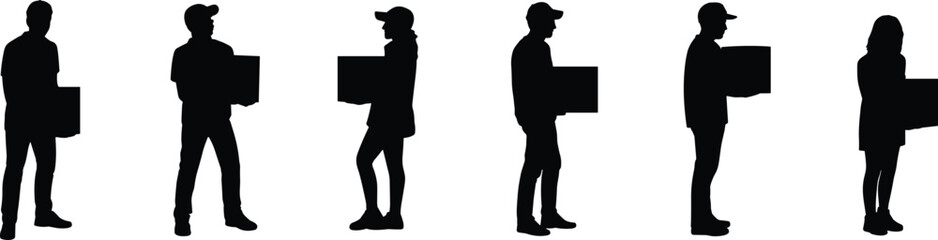 Silhouettes of Delivery People Holding Boxes, Parcel Courier Workers, Shipping Concept, Logistics Transport Scene, Team of Couriers, Package Handling, Express Delivery Staff