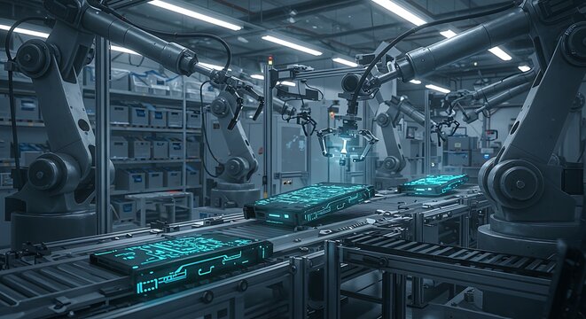 Factory automation with AI-controlled robotic arms assembling advanced gadgets, industrial setting, dynamic and detailed scene