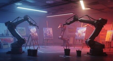 AI-powered art creation studio, robotic arms painting on canvas, mix of traditional art and cutting-edge technology, colorful environment