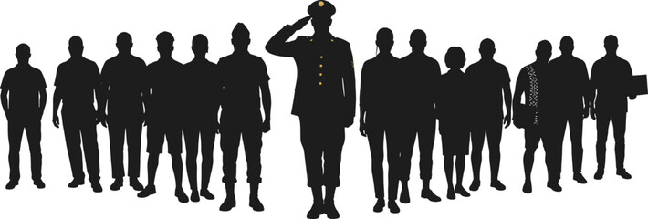 Silhouettes of diverse people standing together with military officer saluting, unity, leadership, teamwork, community