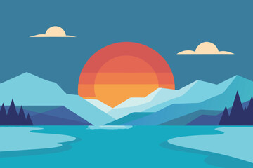 Obraz premium A minimalist flat vector illustration of a sunset over a mountain lake, creating a serene and peaceful landscape scene with reflections