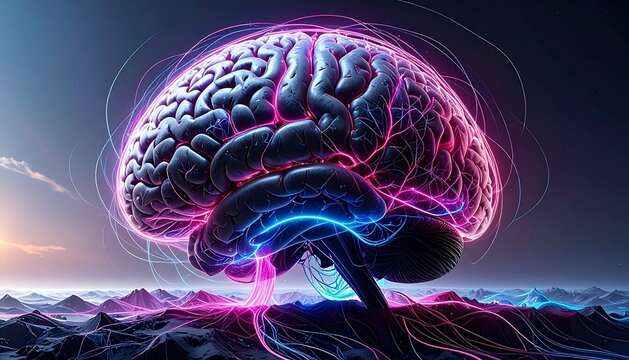 Abstract representation of the human brain with glowing neon neural pathways illuminating the mind and consciousness