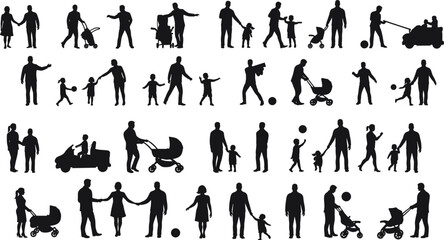 Silhouettes of parents with children walking, playing, pushing strollers, holding hands, family activity icons, black on white design