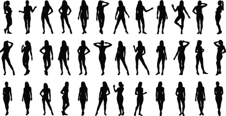 Silhouettes of stylish women standing, posing, walking, in various postures, fashion female figure collection, isolated black shadow set