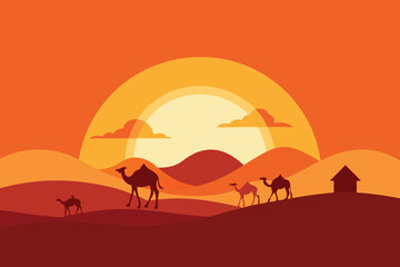 A serene desert sunset with camels silhouetted against the sky, creating a peaceful and adventurous travel destination in a warm landscape