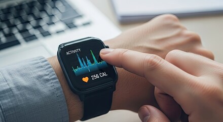 Person checking fitness tracker displaying activity graph and calories burned smartwatch finger