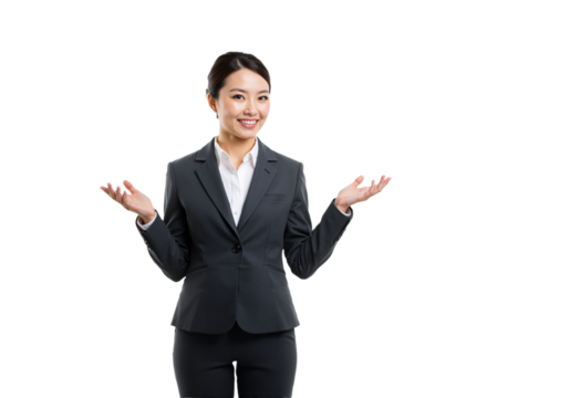 A professional businesswoman smiling and giving a confident presentation, gesturing with open hands on a transparent background
