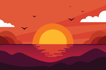 Sunset seascape with mountains, birds, and reflection, a peaceful and serene scene of natures beauty and coastal paradise