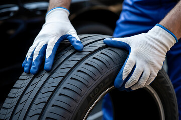 Mechanic wearing protective gloves carefully holds a new car tire during a vehicle maintenance service