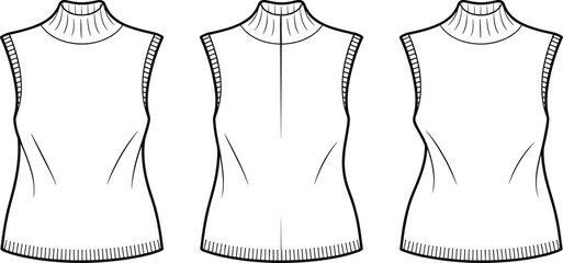 Sleeveless mock neck knit top fashion technical sketch, women’s high neck tank style, minimalist ribbed armhole design, CAD drawing vector