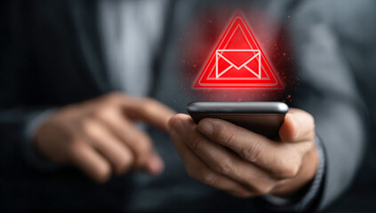Man uses phone with glowing red email alert icon; security, digital danger. Great for cyber security content.