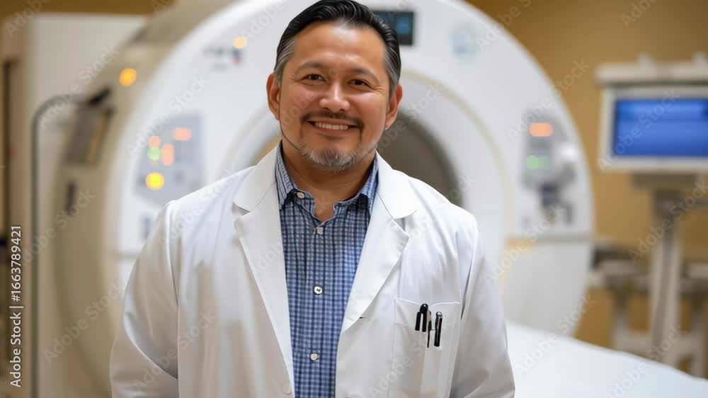 Poster a man in a white lab coat stands in front of a large mri machine. he is smiling and he is happy