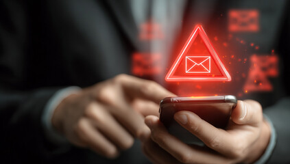 Red glow illuminates a phone with error message. Modern style, soft lighting creates alert design for website headers, UX/UI design, posters.