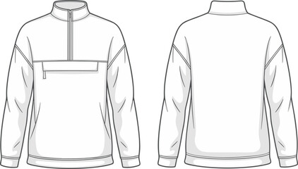 Sporty pullover sweatshirt front and back view, half zip fleece top design, activewear fashion template, CAD drawing flat vector illustration. © Best_Design