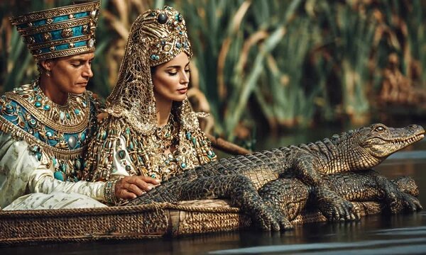 Royal figures in ornate regalia, seated in a woven boat, observe a pair of alligators resting in the water.