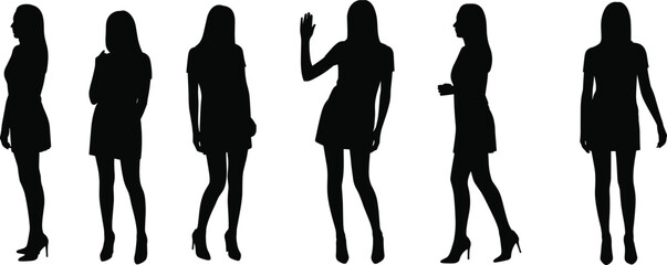 Stylish Female Silhouettes in Walking and Posing Positions, Elegant Woman Figures in High Heels, Black Vector Design for Fashion Projects, Modeling, and Digital Art