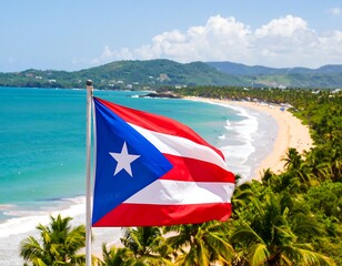 Puerto Rican flag waving over a tropical beach